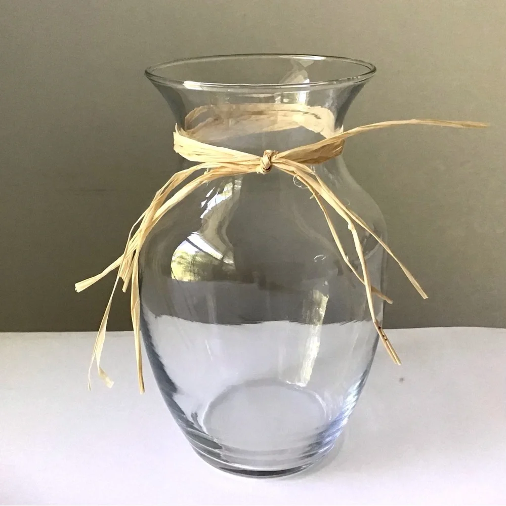 Clear Glass Vase with Natural Raffia Accent 7-3/4” Farmhouse Coastal Minimalist